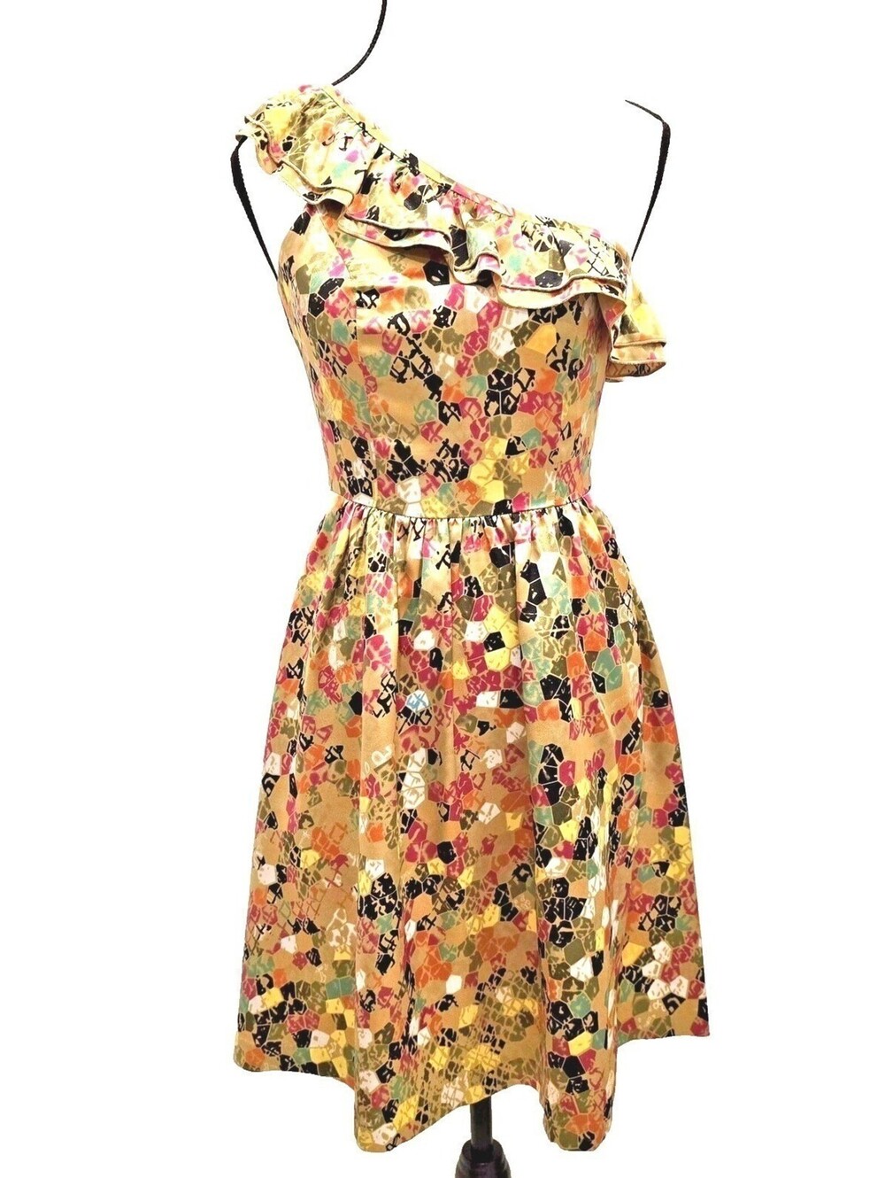 Kensie Gold Floral One Shoulder Ruffle Cocktail Dress Womens Size 2 Satin A Line